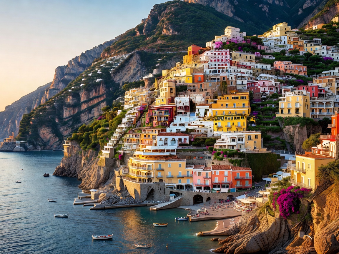 Amalfi Coast Positano colorful houses cliffside overlooking the Tyrrhenian Sea
