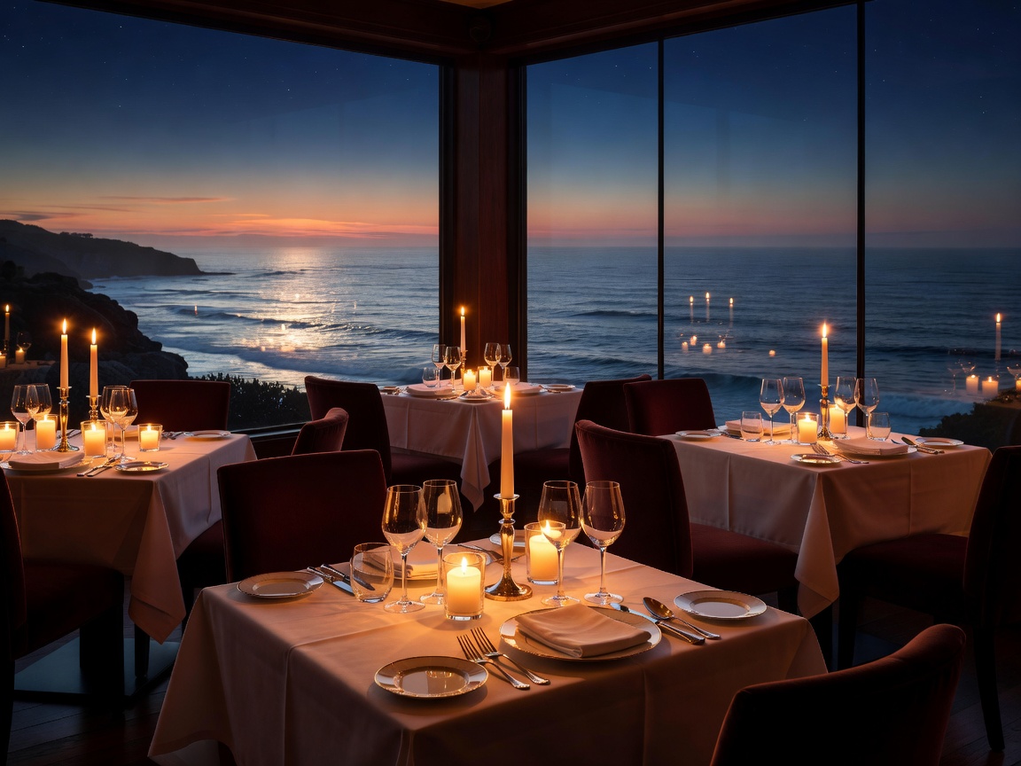 Fine dining seaside restaurant with candlelight and ocean view