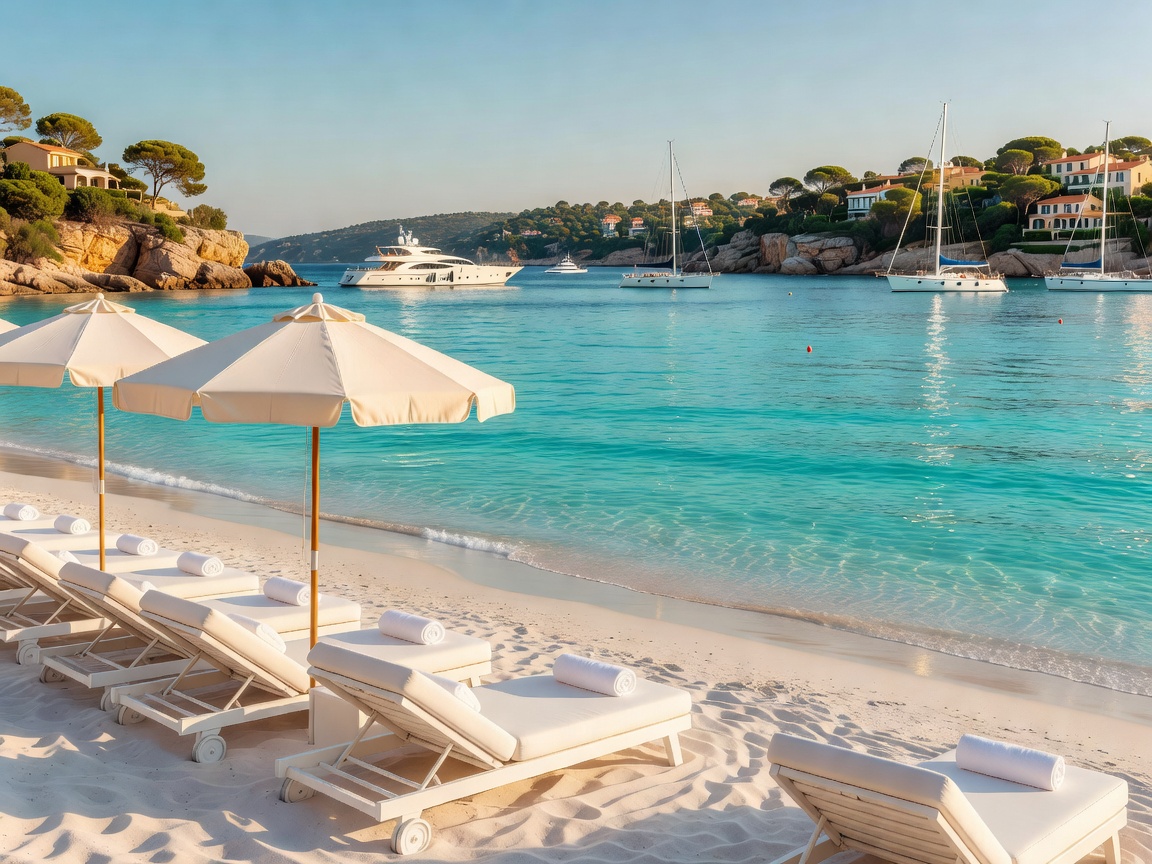 French Riviera Saint Tropez beach lounge with turquoise sea