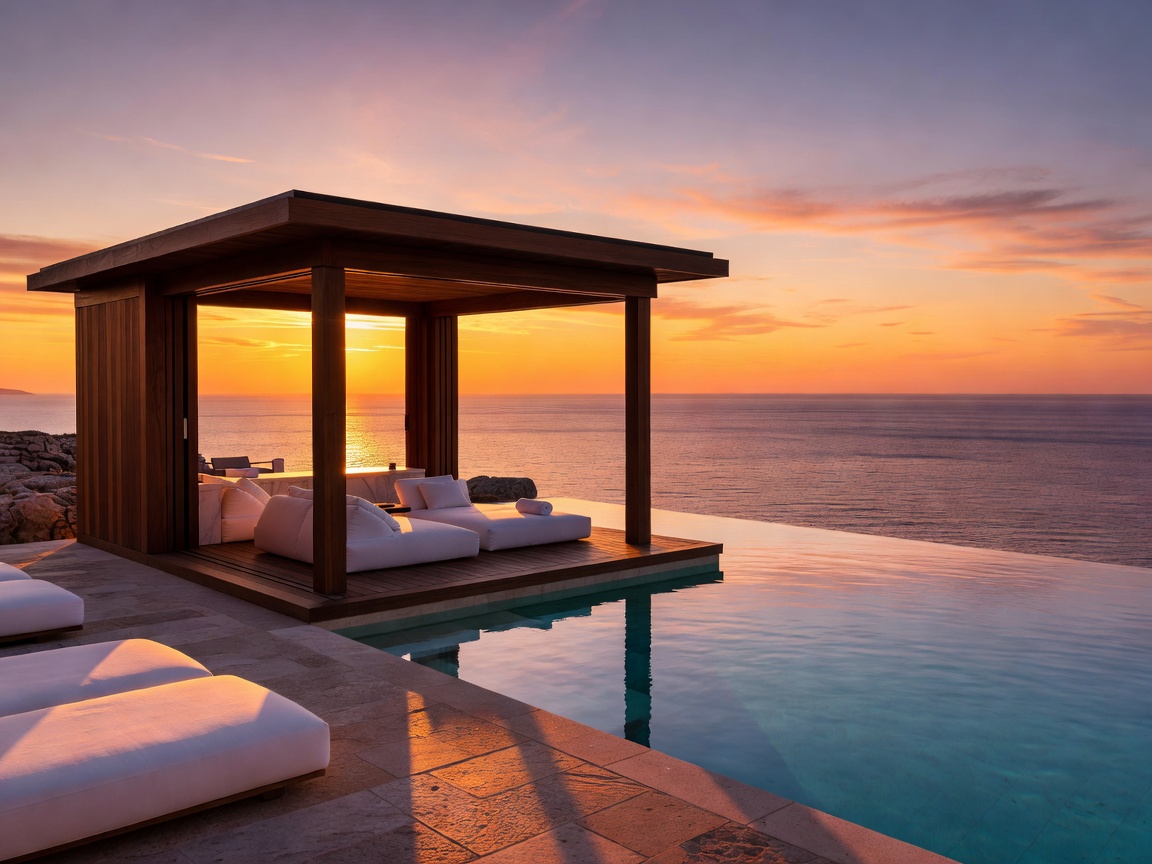 Luxury infinity pool cabana overlooking the sea at sunset
