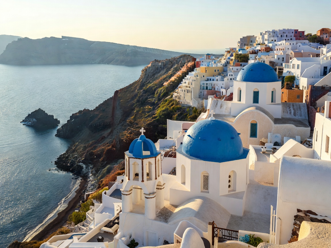 Santorini Cyclades Greece blue domes and coastline view