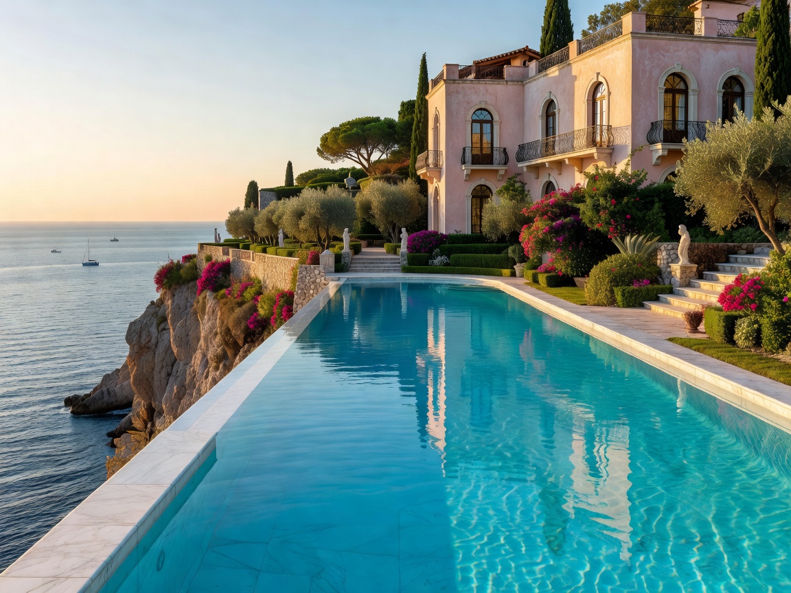 Villa Ephrussi Cliffside Resort with pristine turquoise infinity pool overlooking the Mediterranean Sea